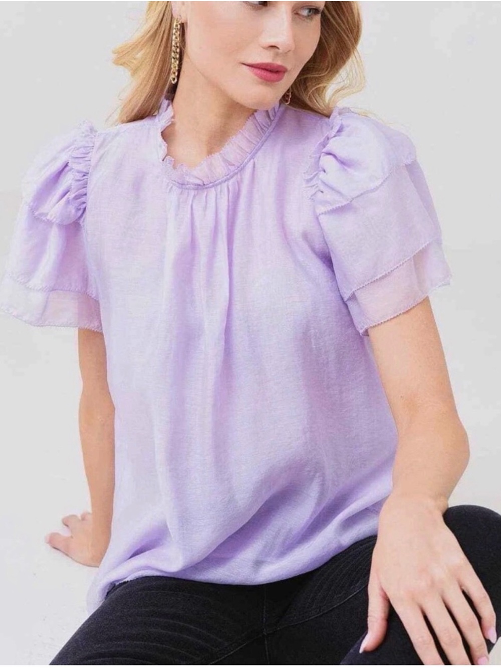 HUNTER BELL Lavender Ruffle Neck Puff Sleeve Blouse